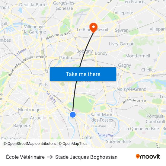 École Vétérinaire to Stade Jacques Boghossian map