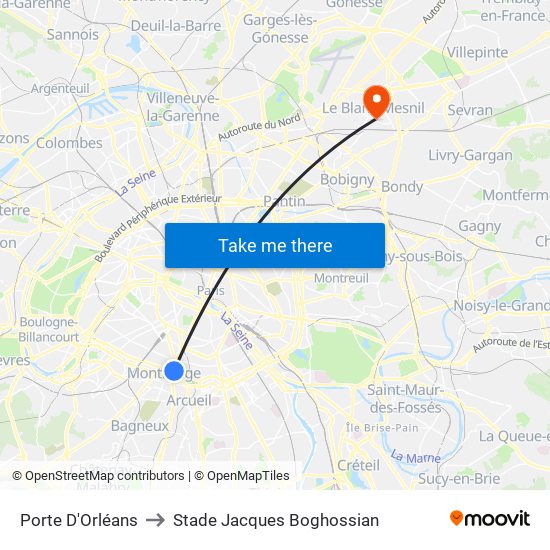 Porte D'Orléans to Stade Jacques Boghossian map