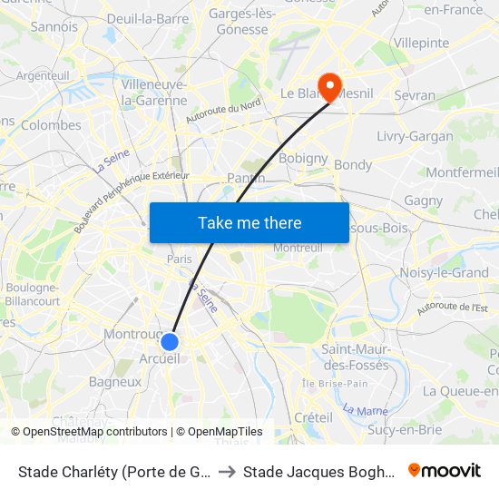 Stade Charléty (Porte de Gentilly) to Stade Jacques Boghossian map