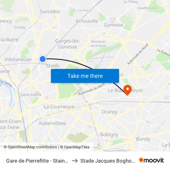 Gare de Pierrefitte - Stains RER to Stade Jacques Boghossian map