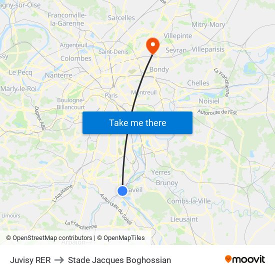 Juvisy RER to Stade Jacques Boghossian map