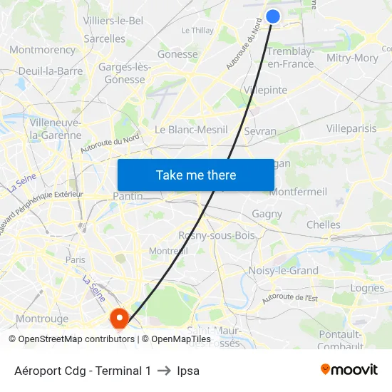 Aéroport Cdg - Terminal 1 to Ipsa map