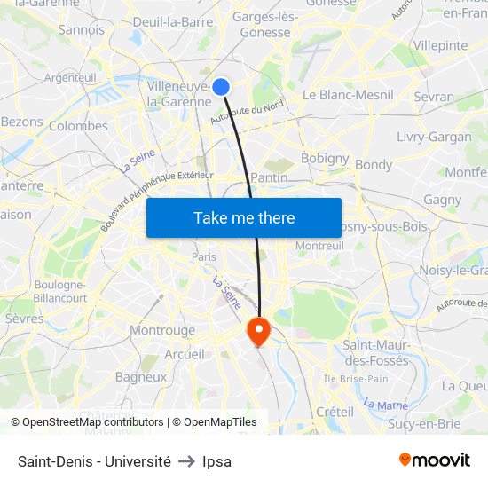 Saint-Denis - Université to Ipsa map