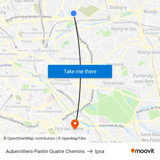 Aubervilliers-Pantin Quatre Chemins to Ipsa map
