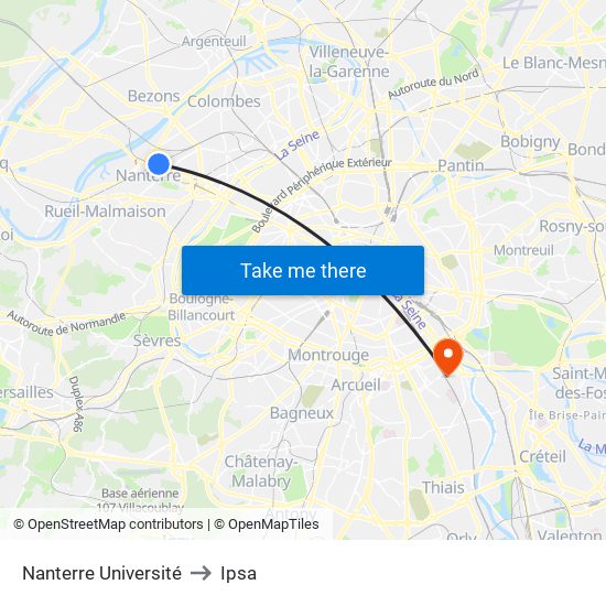 Nanterre Université to Ipsa map