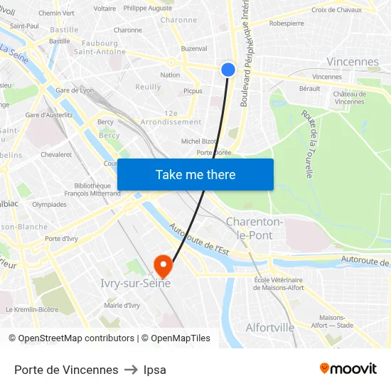 Porte de Vincennes to Ipsa map