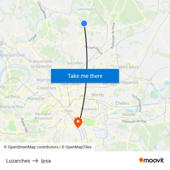 Luzarches to Ipsa map