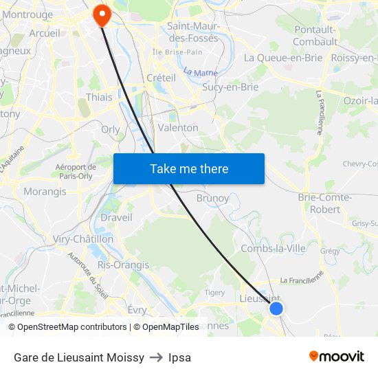 Gare de Lieusaint Moissy to Ipsa map