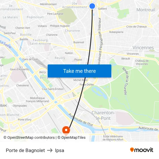 Porte de Bagnolet to Ipsa map