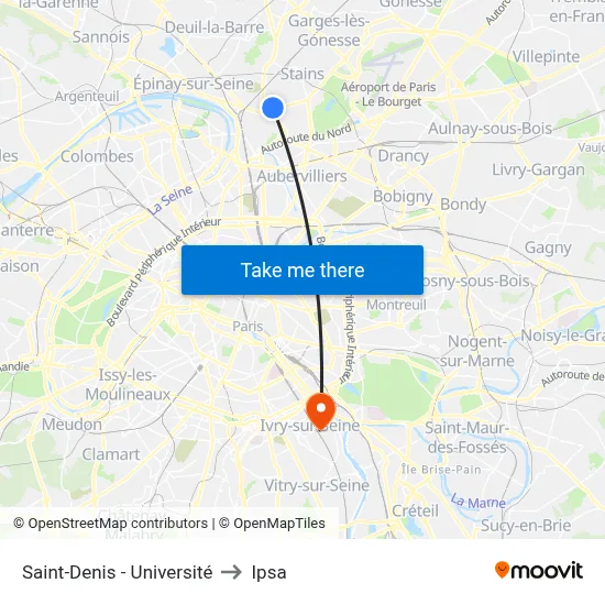 Saint-Denis - Université to Ipsa map