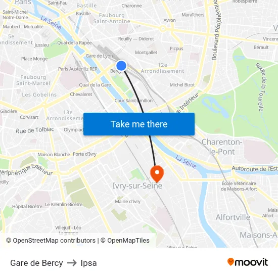 Gare de Bercy to Ipsa map