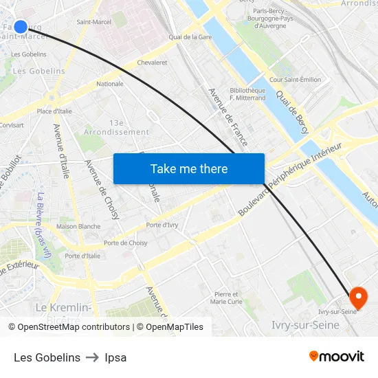 Les Gobelins to Ipsa map