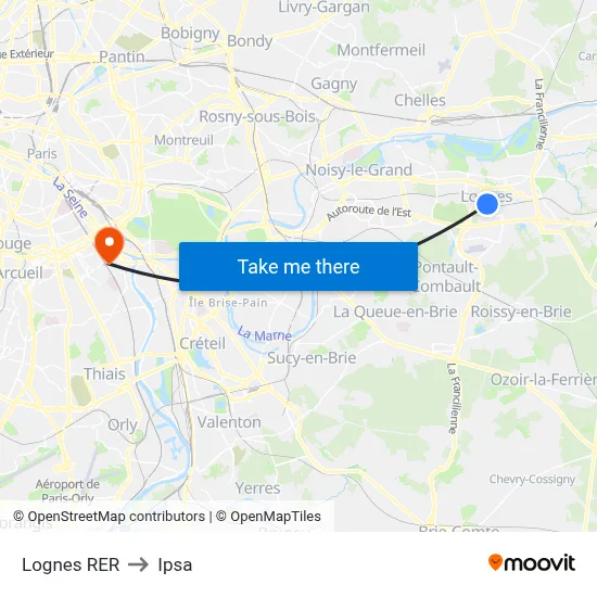 Lognes RER to Ipsa map