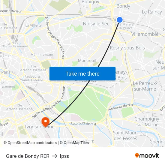 Gare de Bondy RER to Ipsa map