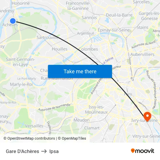 Gare D'Achères to Ipsa map