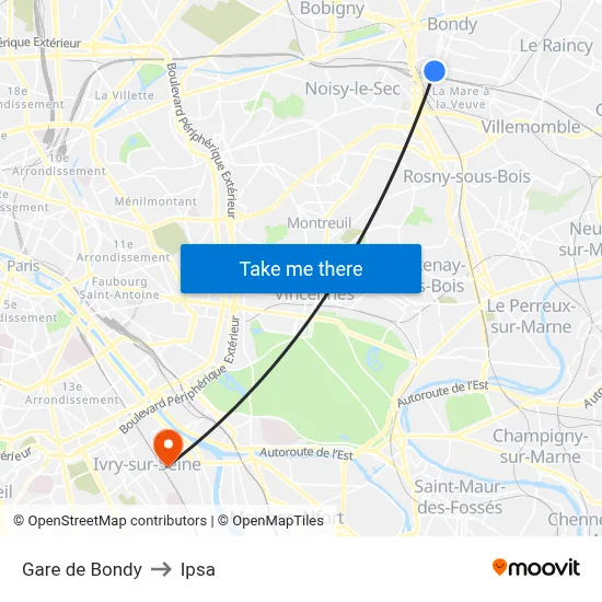 Gare de Bondy to Ipsa map
