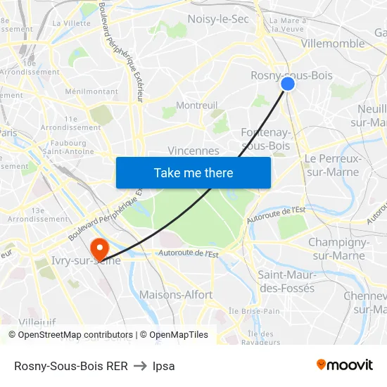 Rosny-Sous-Bois RER to Ipsa map
