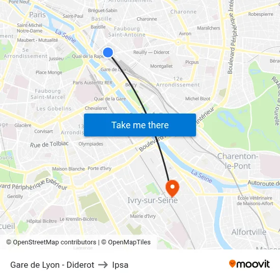Gare de Lyon - Diderot to Ipsa map