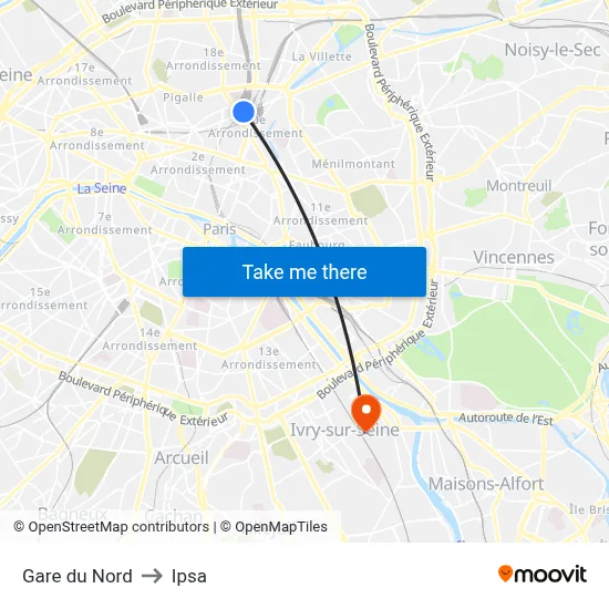 Gare du Nord to Ipsa map