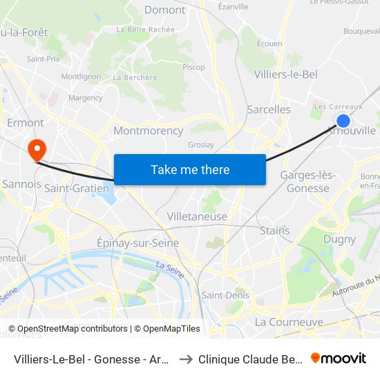 Villiers-Le-Bel - Gonesse - Arnouville to Clinique Claude Bernard map