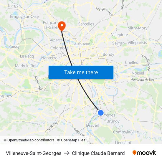 Villeneuve-Saint-Georges to Clinique Claude Bernard map