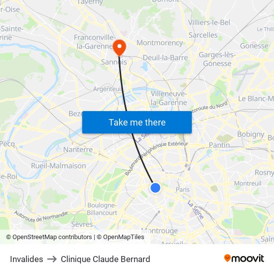 Invalides to Clinique Claude Bernard map