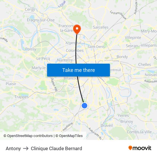 Antony to Clinique Claude Bernard map