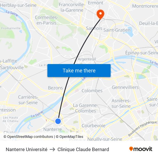 Nanterre Université to Clinique Claude Bernard map