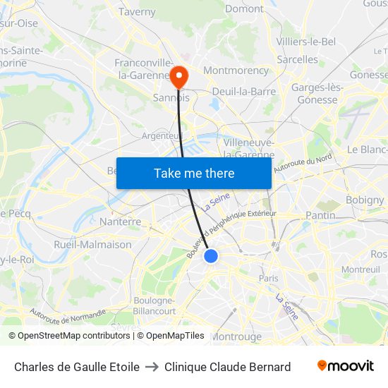 Charles de Gaulle Etoile to Clinique Claude Bernard map