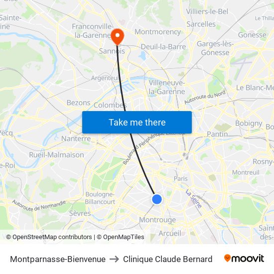Montparnasse-Bienvenue to Clinique Claude Bernard map