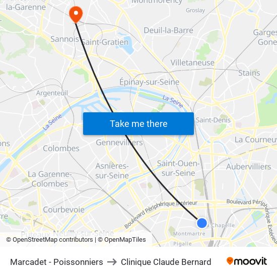Marcadet - Poissonniers to Clinique Claude Bernard map