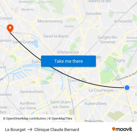 Le Bourget to Clinique Claude Bernard map