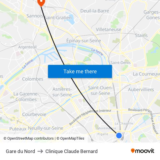 Gare du Nord to Clinique Claude Bernard map