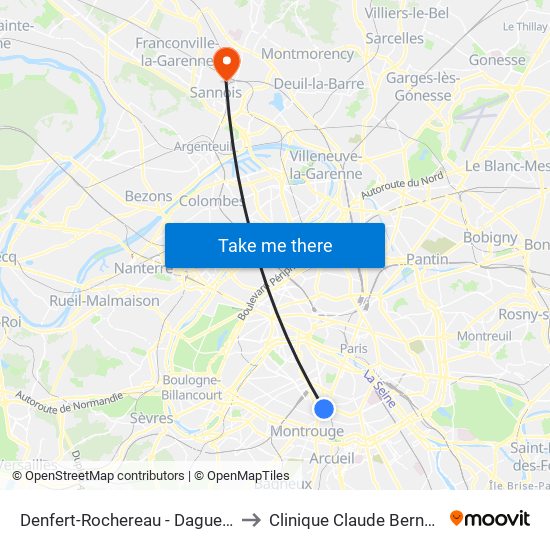 Denfert-Rochereau - Daguerre to Clinique Claude Bernard map