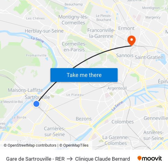 Gare de Sartrouville - RER to Clinique Claude Bernard map