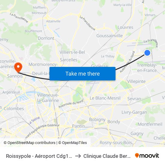 Roissypole - Aéroport Cdg1 (E2) to Clinique Claude Bernard map