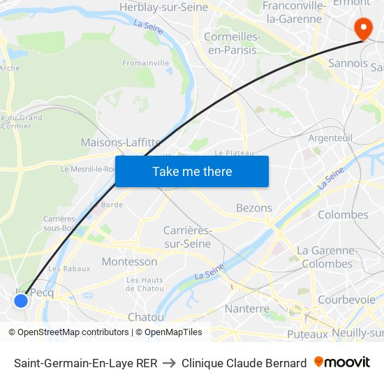 Saint-Germain-En-Laye RER to Clinique Claude Bernard map