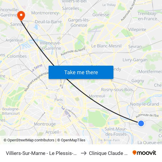 Villiers-Sur-Marne - Le Plessis-Trévise RER to Clinique Claude Bernard map