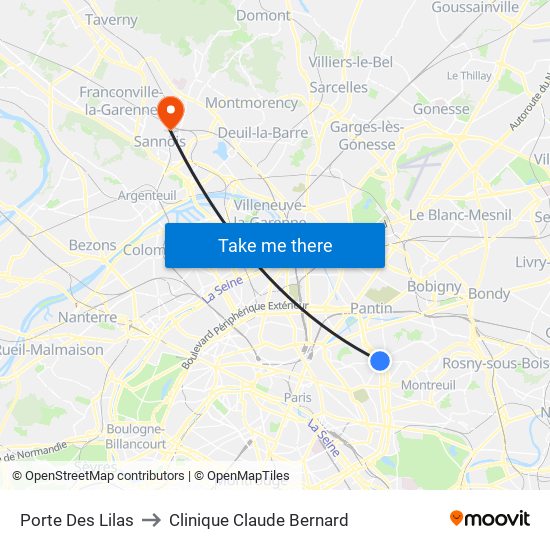 Porte Des Lilas to Clinique Claude Bernard map