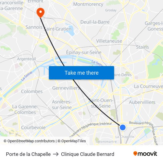 Porte de la Chapelle to Clinique Claude Bernard map