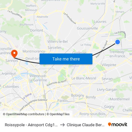 Roissypole - Aéroport Cdg1 (D1) to Clinique Claude Bernard map