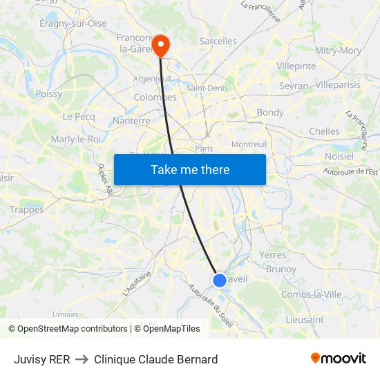 Juvisy RER to Clinique Claude Bernard map