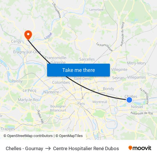 Chelles - Gournay to Centre Hospitalier René Dubos map