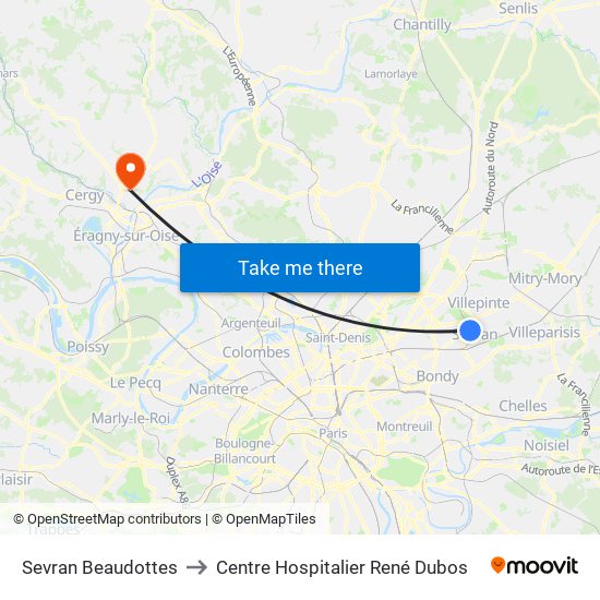 Sevran Beaudottes to Centre Hospitalier René Dubos map