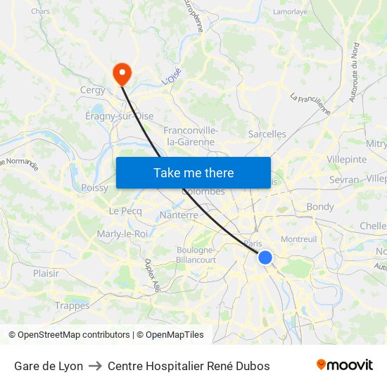 Gare de Lyon to Centre Hospitalier René Dubos map