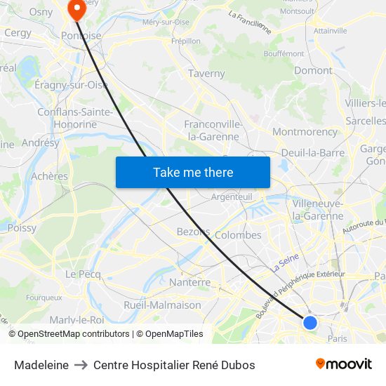 Madeleine to Centre Hospitalier René Dubos map
