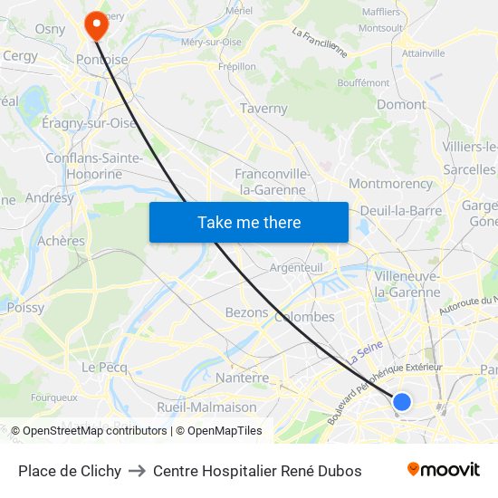 Place de Clichy to Centre Hospitalier René Dubos map
