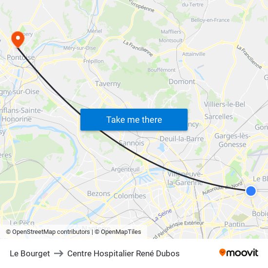 Le Bourget to Centre Hospitalier René Dubos map