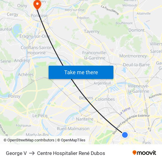 George V to Centre Hospitalier René Dubos map