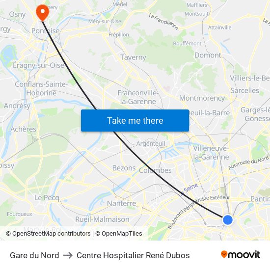 Gare du Nord to Centre Hospitalier René Dubos map